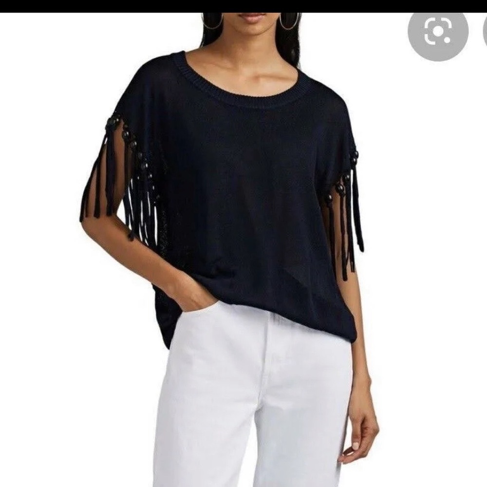 A.L.C dark blue Lincoln top with fringe sleeve, size small